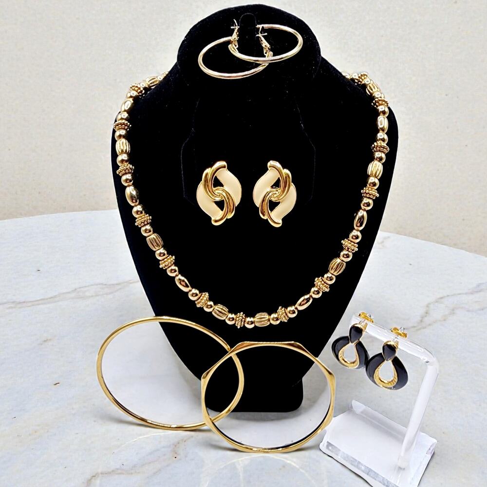 80s 90s Office Chic Jewelry Lot Gold Tone Statement Necklace Bangles Earrings